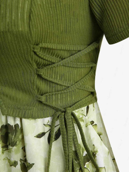 ROSEGAL Plus Size Women Floral Sundress Set Lace Up Ribbed Crop Top And Ruffles Floral Leaf Print Twist Cami Dres New Arrived