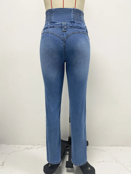 Jeans Women Pencil Pant Denim Long Pants Bodycon Casual High Waist Button Pocket Splice Straight Trousers Simple Streetwear Y2k - AMULET RING STORE