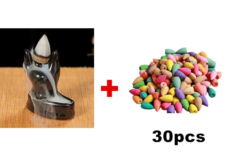 With 30 Incense Waterfall Incense Burner Ceramics Backflow Buddha Censer Backflow Incense Holder Home Office Yoga Teahouse Decor - AMULET RING STORE