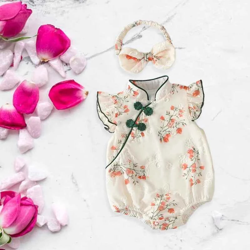 Toddler Girls Traditional Chinese Dress Set with Embroidered Floral Romper Matching Headband and Stylish Summer Outfit for a