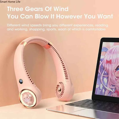Bladeless Neck Fan 2000mAh USB Rechargeable Digital Display Cute Cat Hanging Mini for Travel Office