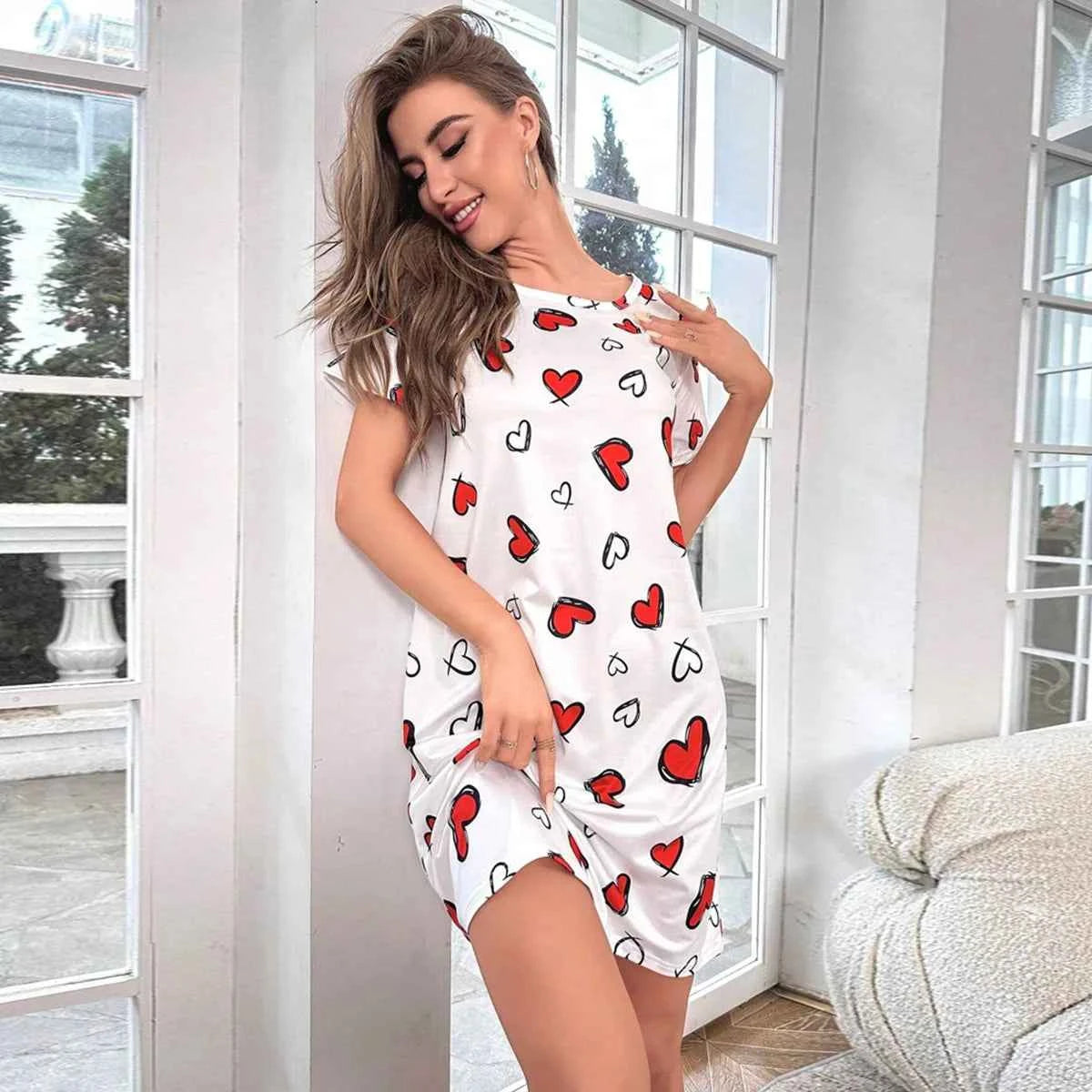 Summer Butterfly Prints Sexy Short Sleep Shirts Women Milk Silk Nightgowns Sleepwear Lingerie S-XL Plus Size Night Dress Women