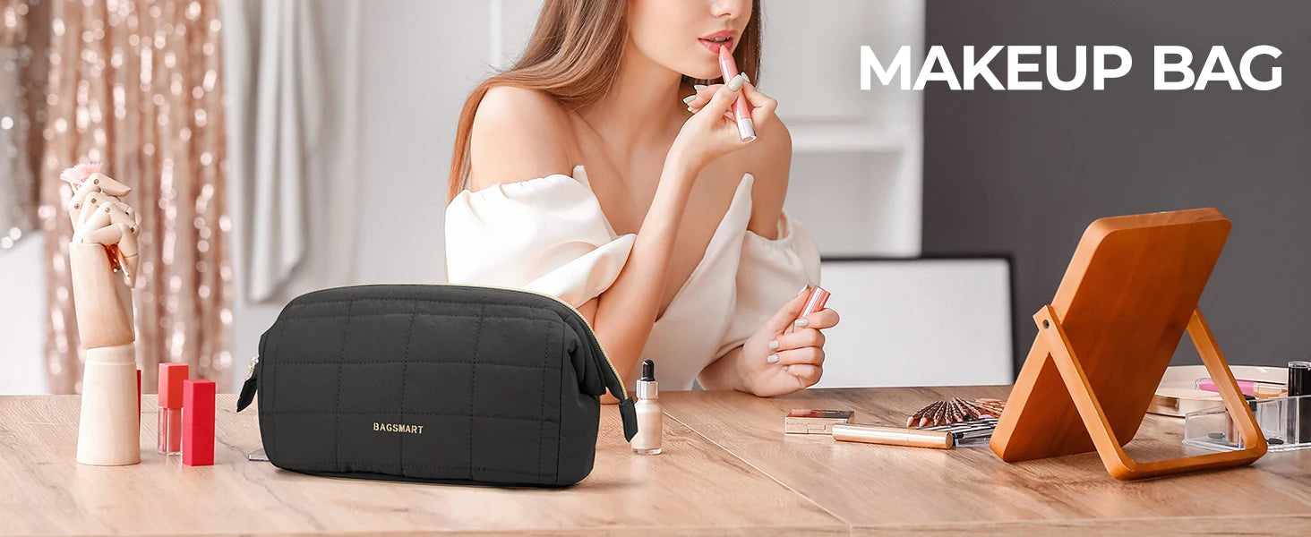 BAGSMART Makeup Bag Puffy Padded Make Up Bags for Women Makeup Organizer Case Wide-open Pouch Toiletry Bag Travel Essentials - AMULET RING STORE