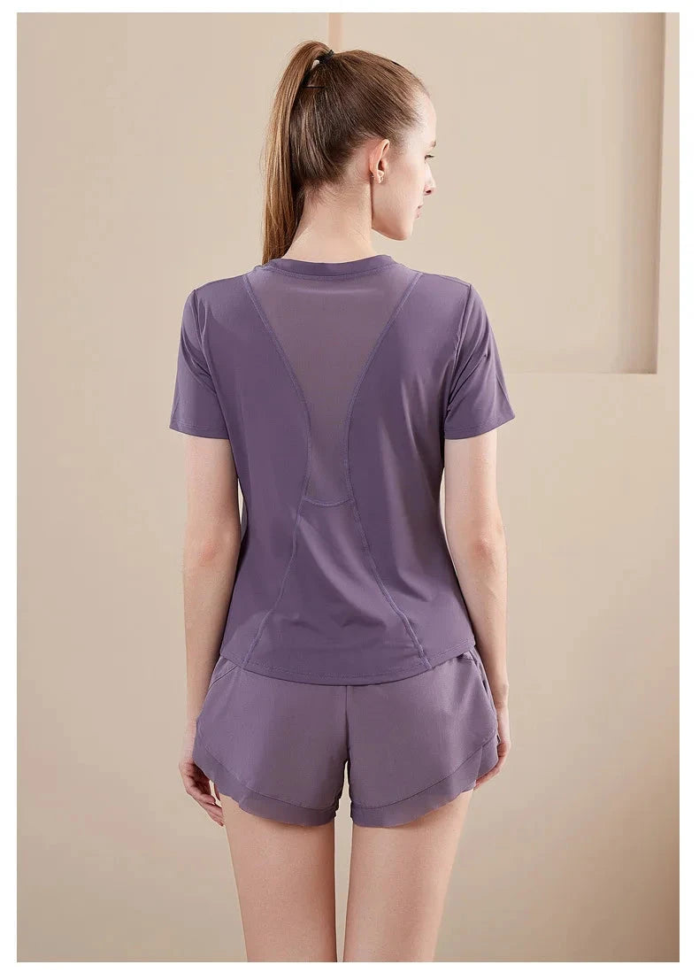 Yoga Set Women Sport T-Shirt Back Mesh Design High Waist Shorts Quick Dry Run Yoga Sports Short Sleeve Shorts Two-piece Yoga Set