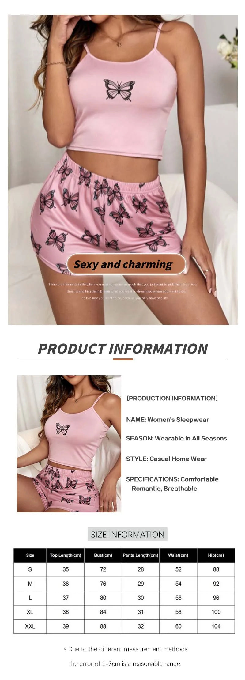 Two Pieces Summer Sexy Pajamas Butterfly Print Cami Pajamas Set Fashion Sexy Home Ladies Underwear Vest Shorts Pijamas - AMULET RING STORE