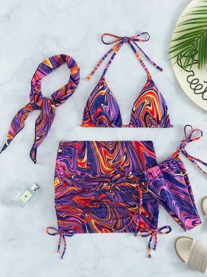 2024 New Wave Print Swimsuit Sexy Bathing Suits 4 Piece Bikinis Beach Sarong Micro Thong Swimwear Women Beachwear