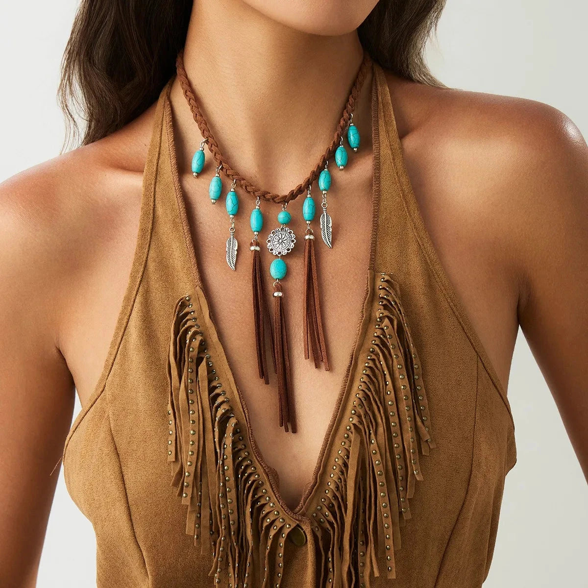 Ethnic Style Women Leaf Choker Woven Rope Leather Tassel Turquoise Stone Necklace Feather Pendant Retro Bohemian Necklace - AMULET RING STORE