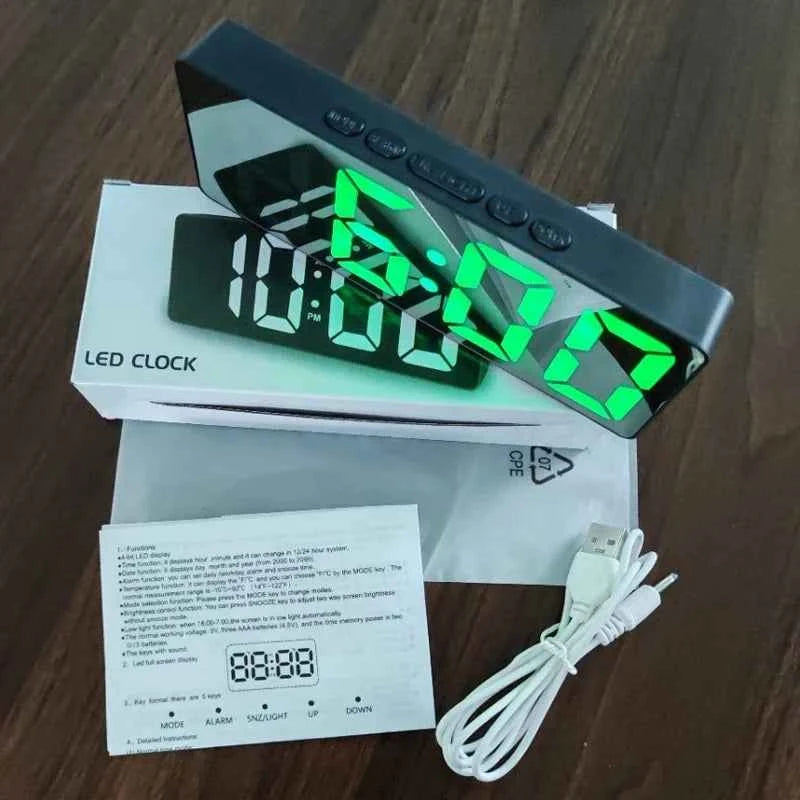 Curved Screen Clock Digital Led Alarm Clock with Temperature Display Large Mirror Clock Snooze Bedside Table Clock Room Decor