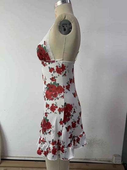 Sexy Rose Print Nightgown Women's Lace Trim Lingerie Criss Cross Cami Mini Dress Cute Bodycon Chemise Trendy Nightwear New