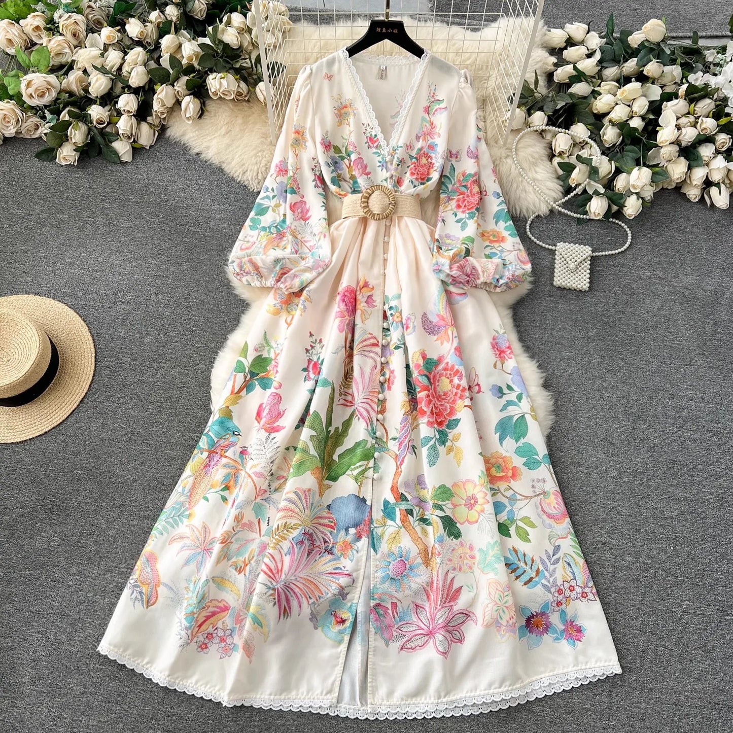 Summer Holiday Flower Robe Dress Women Lace Splicing V-Neck Long Lantern Sleeve Sashes Floral Print Maxi Vestidos Clothes 6272