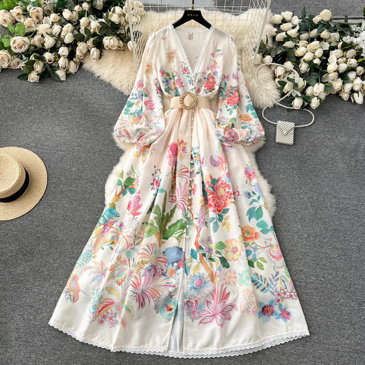 Summer Holiday Flower Robe Dress Women Lace Splicing V-Neck Long Lantern Sleeve Sashes Floral Print Maxi Vestidos Clothes 6272