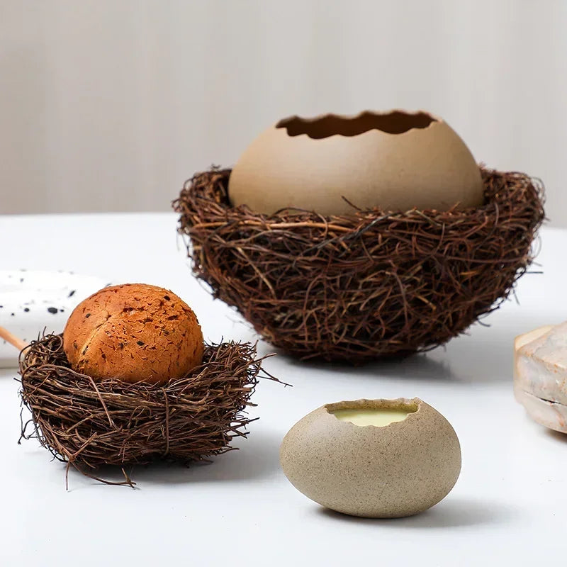 Creative Dessert Bowl Noodle Bowl Hydroponic Egg Shell Ostrich Vase Cute With Nest Home Decoration Modern Simple Ceramic Craft - AMULET RING STORE
