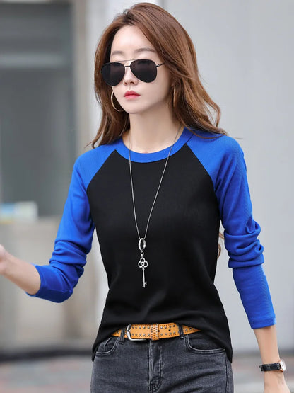 Cotton Slim T Shirt Women Contrast Color Womens Shirt Korean Fashion Clothing Long Sleeve Top 2024 Spring Autumn Tee Shirt Femme