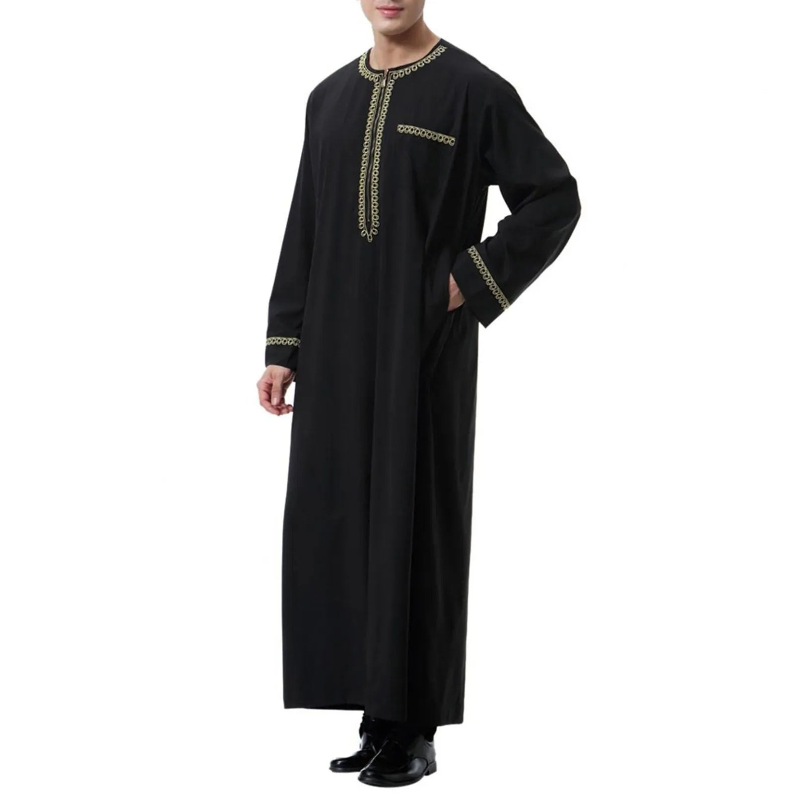 Traditional Muslim Clothing Men's Muslim Shirt robe embroidery Islamic Royalty Dubai Robe O-Neck Long Sleeve Retro Loose Abaya - AMULET RING STORE