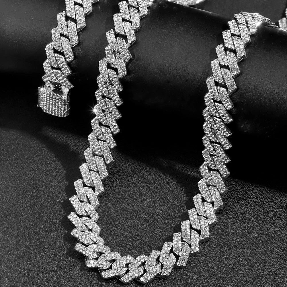 Iced Out Bling AAA Rhinestones Prong Cuban Link Chain Men's Necklace 2 Row Crystal Curb Cuban Chain Hip Hop Jewelry 13/14/20MM - AMULET RING STORE