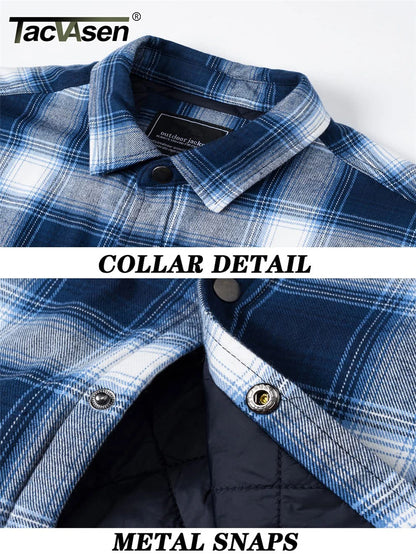 TACVASEN Winter Plaid Cotton Jackets Mens Long Sleeve Quilted Lined Flannel Shirt Jacket Multi-Pockets Outwear Hiking Coats Tops