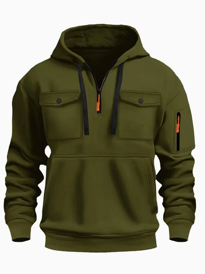 New autumn and winter men's hooded sweatshirt with multiple pockets, long sleeved hooded wool top, men's casual sports jacket