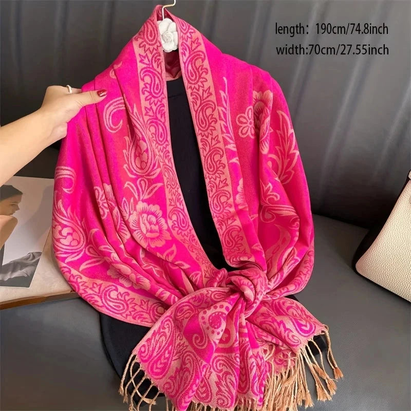 Women National Style Flower Pattern Scarf Jacquard Pashmina Cashmere Tassel Classic Shawl Coldproof Warm Neck Protection
