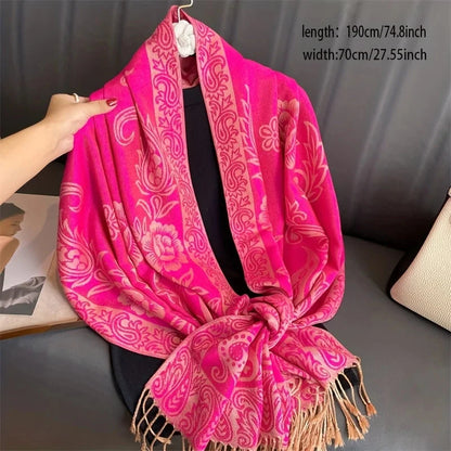 Women National Style Flower Pattern Scarf Jacquard Pashmina Cashmere Tassel Classic Shawl Coldproof Warm Neck Protection