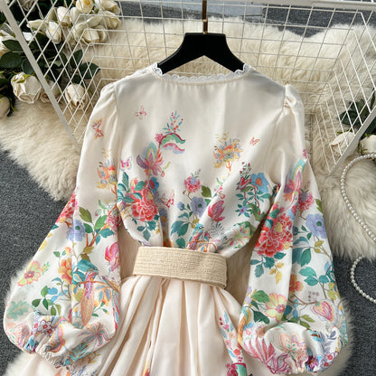 Summer Holiday Flower Robe Dress Women Lace Splicing V-Neck Long Lantern Sleeve Sashes Floral Print Maxi Vestidos Clothes 6272