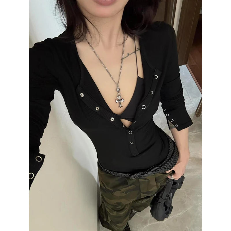 American Sle Hot Girl Long Sve T-irt Women Early Spring Inner Wear Slim Fit Tight Waist Top f Open Collar ort Sle