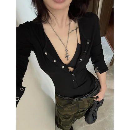 American Sle Hot Girl Long Sve T-irt Women Early Spring Inner Wear Slim Fit Tight Waist Top f Open Collar ort Sle