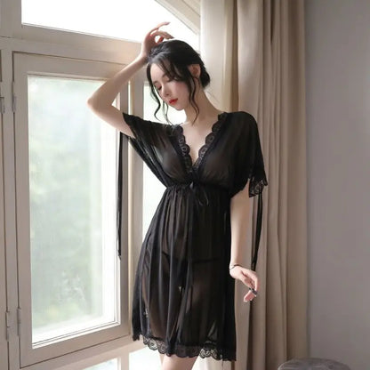 Sexy Sleepwear Women V-neck Nightgown Sexy Nightdress Lace Mesh Pajama Loungewear Summer Dress Nightwear Night Wear
