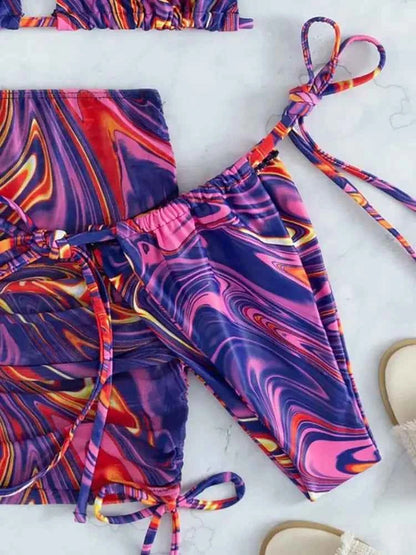 2024 New Wave Print Swimsuit Sexy Bathing Suits 4 Piece Bikinis Beach Sarong Micro Thong Swimwear Women Beachwear