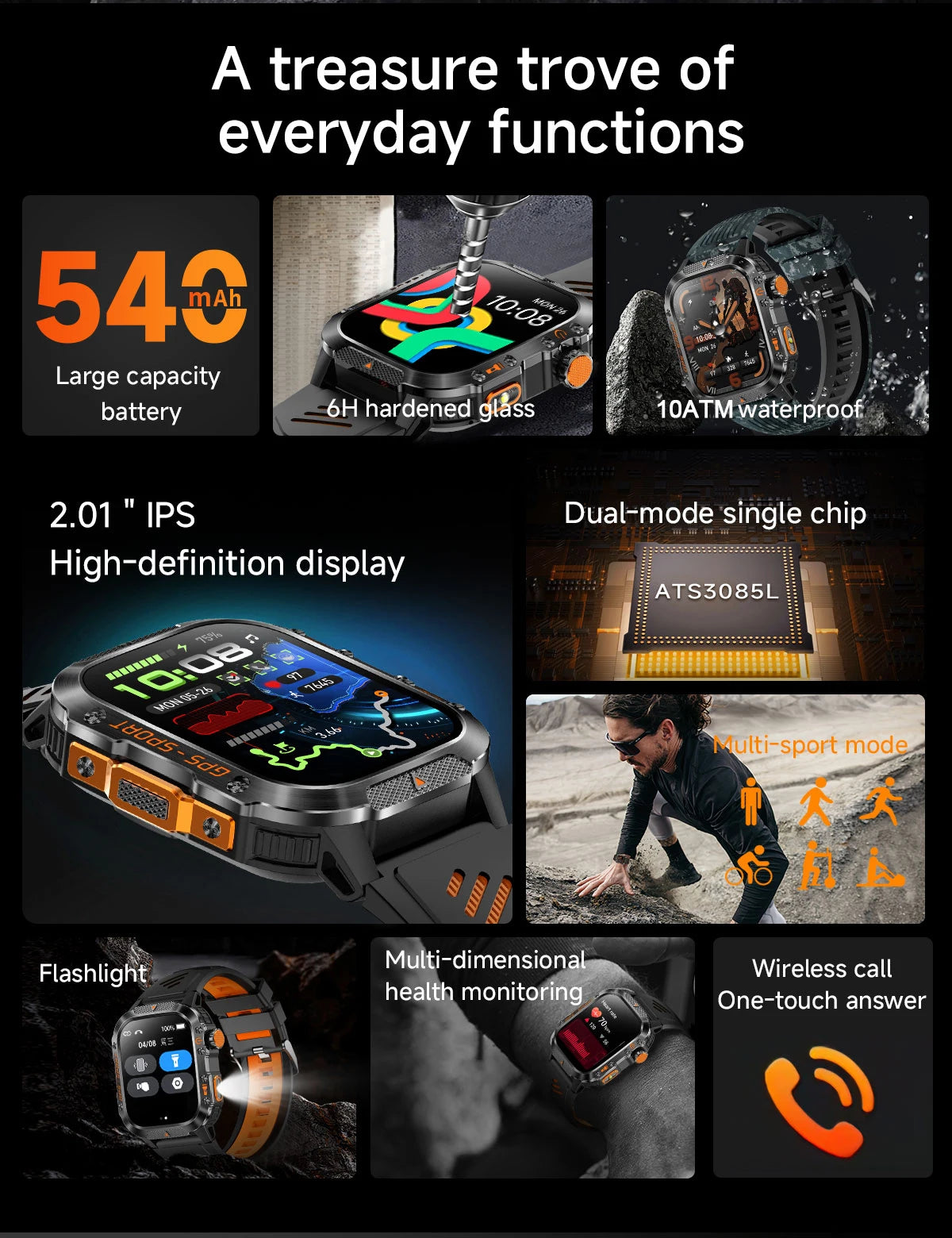 2025New GPS Smart Watch For Xiaomi IOS Military Compass Flashlight Smartwatch Men 10ATM Waterproof 100+Sport Modes BT Call Watch