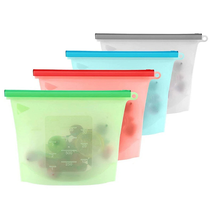 1000ml Reusable Silicone Food Grade Storage Bag Lunch Sandwich Snack Liquid Lunch Fruit Freezer Zip Seal Bags 4 Colors - AMULET RING STORE