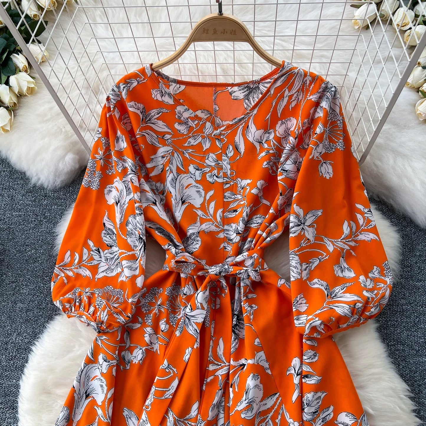 Elegant Boho Floral Print Floral Pleated Maxi Long Dress Female V Neck Puff Sleeve Belt Dresses Women Summer Dress Robe