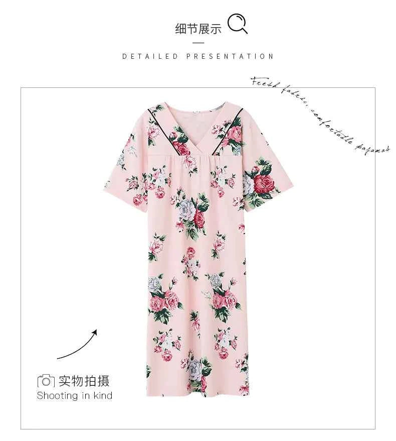 2025 Summer Small Floral Night Dress Women Nightgown Big Yards 3XL Sleepshirts Short-sleeves Nightie Nightdress Cotton Sleepwear