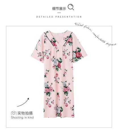 2025 Summer Small Floral Night Dress Women Nightgown Big Yards 3XL Sleepshirts Short-sleeves Nightie Nightdress Cotton Sleepwear