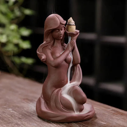 Waterfall Incense Burner Holder Backflow Ceramic Purple Sands Mermaid Cones for Home Decor Ornaments Zen Yoga Meditation Gift - AMULET RING STORE