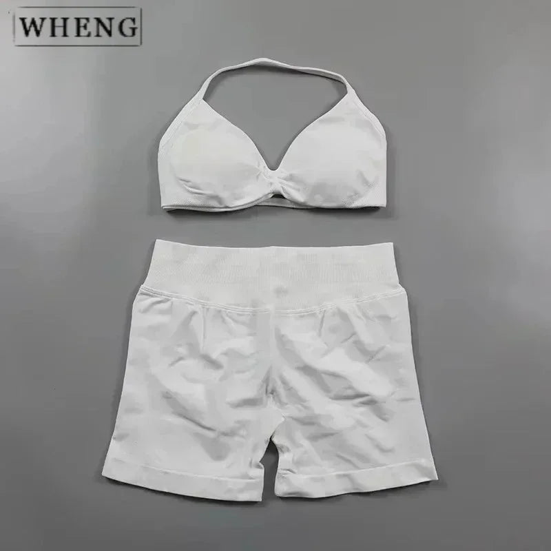 WHENG 2PCS Yoga Fitness Suit Women's Seamless Lace-Up Yoga Bra Top High Waist Workout Scratch Shorts Sports Suit Fitness Suit