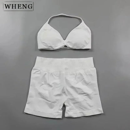 WHENG 2PCS Yoga Fitness Suit Women's Seamless Lace-Up Yoga Bra Top High Waist Workout Scratch Shorts Sports Suit Fitness Suit