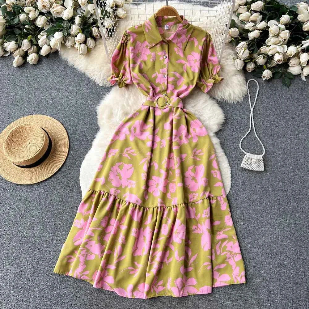 YuooMuoo Women Dress 2025 Summer Fashion Lady Elegant Vintage Floral Print Long Shirt Dress with Belt Vintage Party Robe Femme