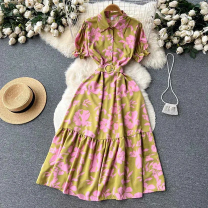 YuooMuoo Women Dress 2025 Summer Fashion Lady Elegant Vintage Floral Print Long Shirt Dress with Belt Vintage Party Robe Femme