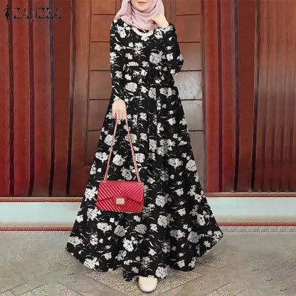 Women Vintage Long Sleeve Floral Printed Sundress Muslim Long Dress Turkey Abaya ZANZEA Eid Mubarek Robe IsIamic Hijab Vestido - AMULET RING STORE