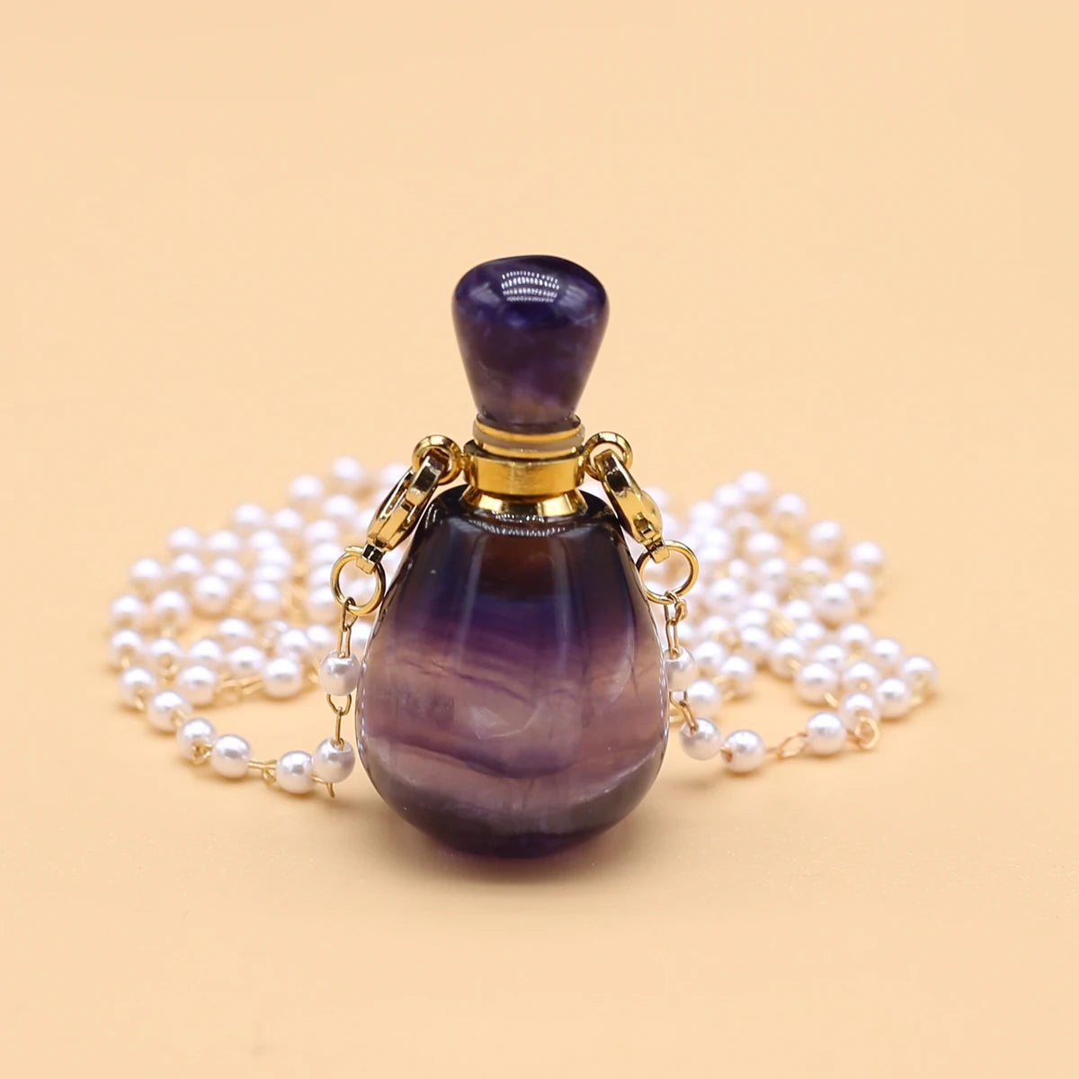 Natural Amethysts Perfume Bottle Pendant Necklace Pearl Chains Essential Oil Diffuser Agates Pendant Necklace For Women Jewerly - AMULET RING STORE