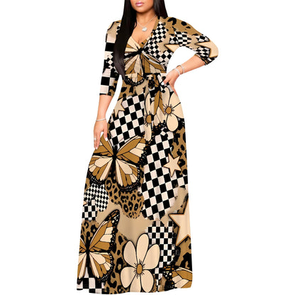 Floral V-Neck 3/4 Sleeve Wrap Maxi Dress with Belt - Women's Bold Elegant Party Evening Resortwear Date Night