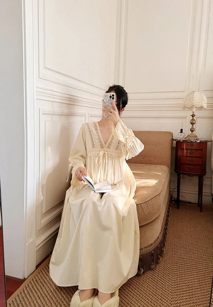 Vintage Embroidery Cotton Long Nightgowns For Lady Lace  Long Sleeve Beige Elegant Nightshirts Comfortable Sexy Night Dress