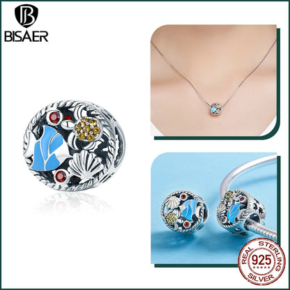 BISAER 925 Sterling Silver Charm Ocean Style Fish Dolphin Mermaid Shell Blue CZ Bead For Necklace&Bracelet DIY Fine Jewelry Gift - AMULET RING STORE