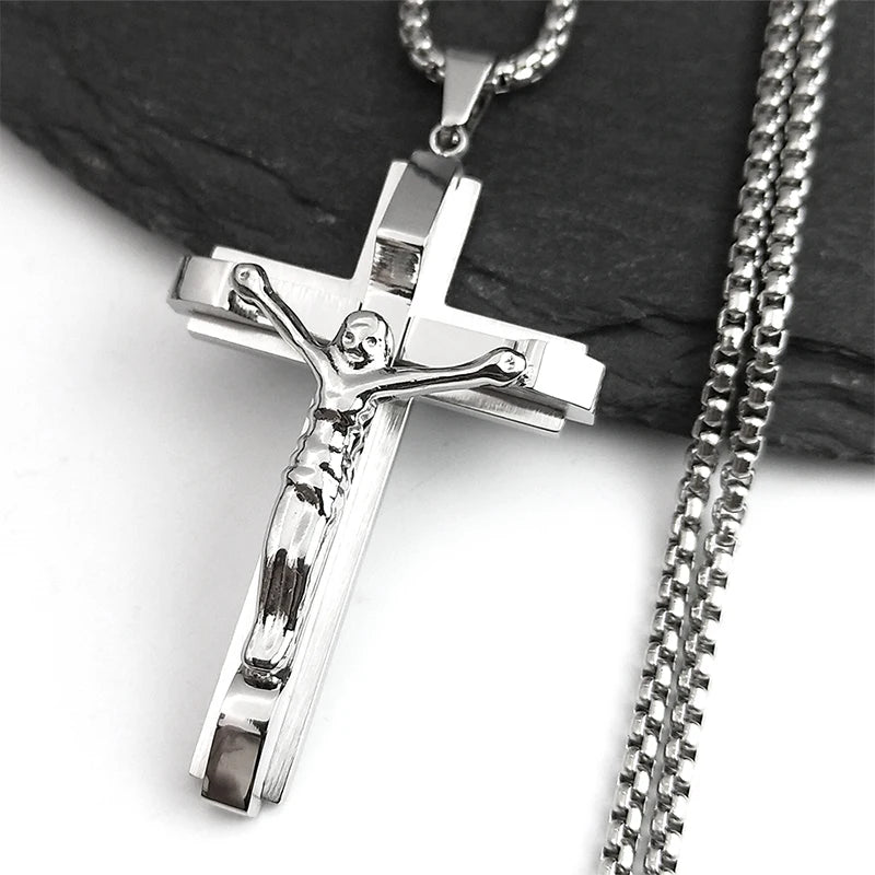 Jesus Cross Crucifix Pendant Necklace for Men Stainless Steel Gold Color Christian Coffee Bean Chain Jewelry croix chrétienne - AMULET RING STORE