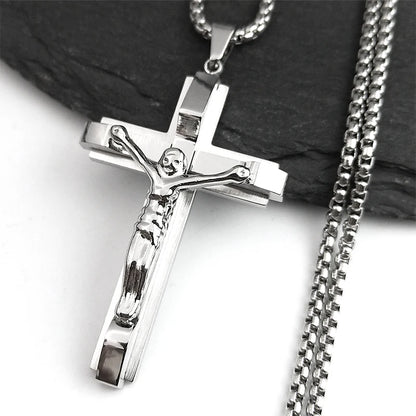 Jesus Cross Crucifix Pendant Necklace for Men Stainless Steel Gold Color Christian Coffee Bean Chain Jewelry croix chrétienne - AMULET RING STORE