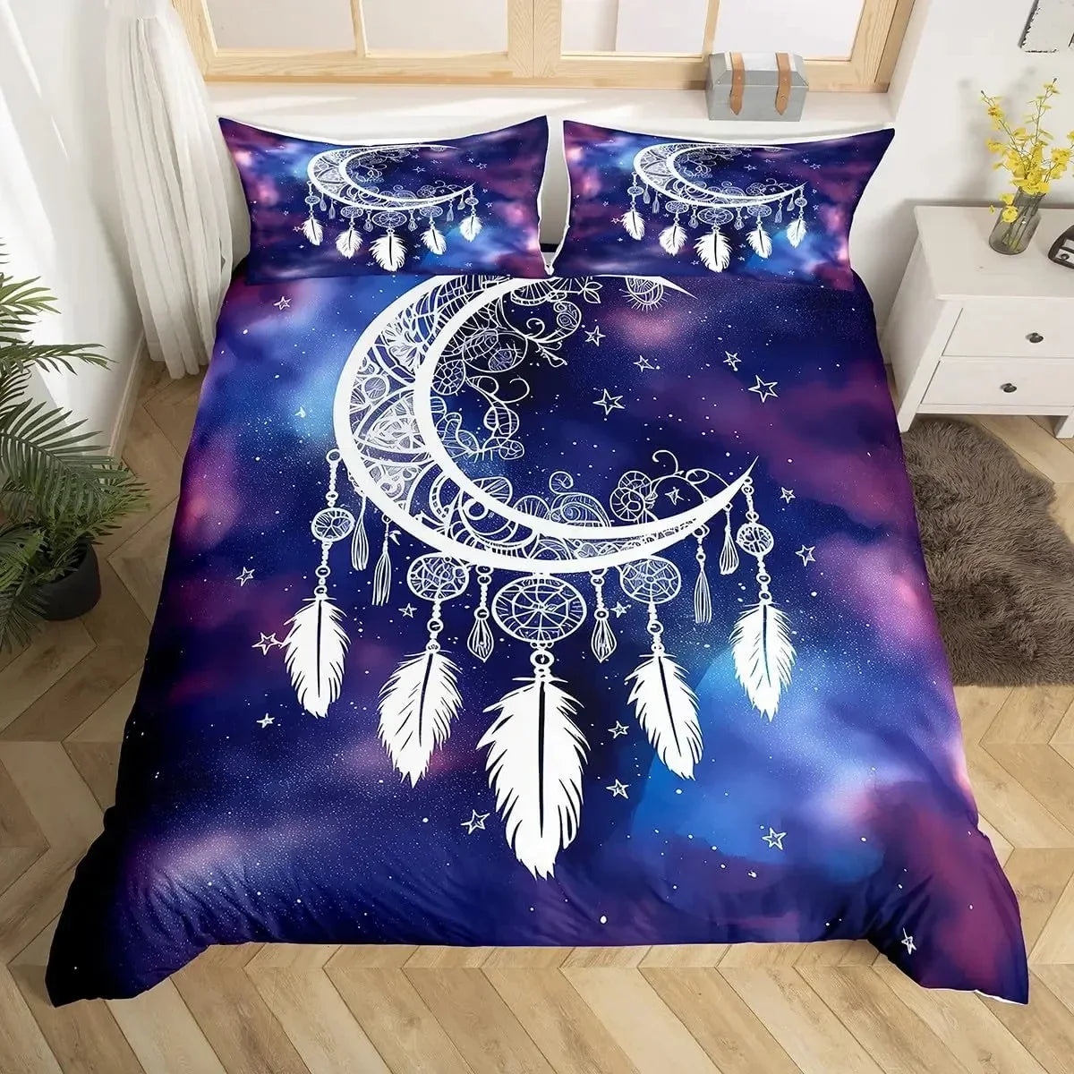 Dream Catcher Bedding Set Boho Mandala Duvet Cover Twin King,Exotic Tribal Feather Comforter Cover Starry Sky Galaxy Quilt Cover