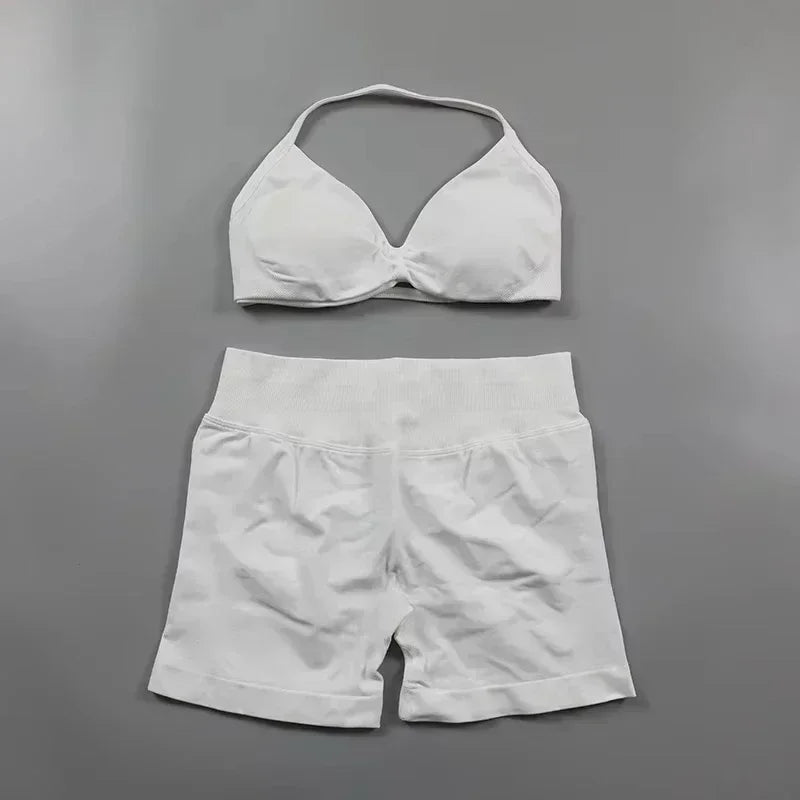 WHENG Gym Set 2 Piece Women Strappy Yoga Bra Top Workout Scrunch Shorts Sports Suit Fitness Clothes Seamless Yoga Set