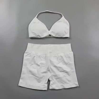 WHENG Gym Set 2 Piece Women Strappy Yoga Bra Top Workout Scrunch Shorts Sports Suit Fitness Clothes Seamless Yoga Set