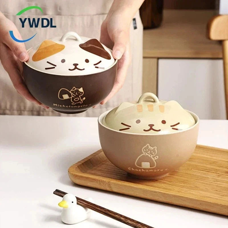 550ml Cartoon Cat Ceramic Instant Noodle Bowl With Lid Underglaze Color Soup Salad Bowl Kitchen Office Student Lunch Box 1pcs - AMULET RING STORE