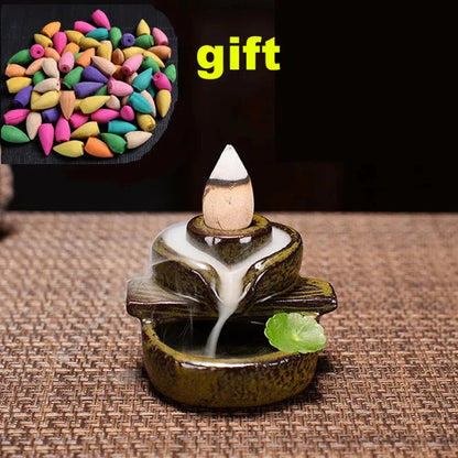 With 30 Incense Waterfall Incense Burner Ceramics Backflow Buddha Censer Backflow Incense Holder Home Office Yoga Teahouse Decor - AMULET RING STORE